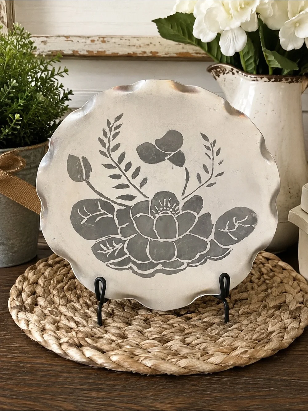 Vintage Gray on Cream Floral Decorative Plate